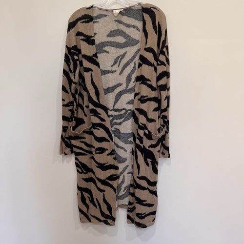 BIBI Women Large L Tiger Print Longline Cardigan Sweater Tan Black Animal Pocket