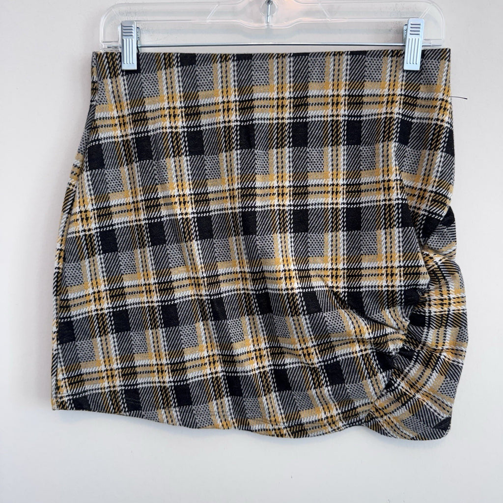 Urban Outfitters Plaid Mini Skirt Yellow Black Grey Ruched Knot Front Women's M