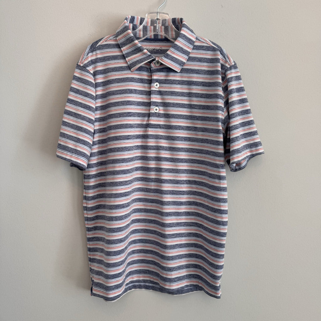 Johnnie-O Boys Crew Polo Lake Blue Striped Performance Jersey Shirt Youth 10