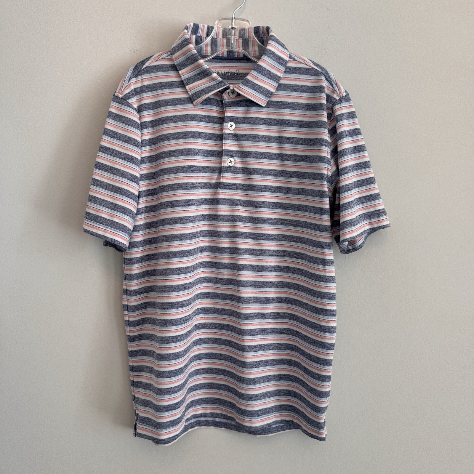 Johnnie-O Boys Crew Polo Lake Blue Striped Performance Jersey Shirt Youth 10