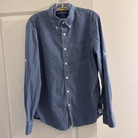 American Eagle Blue Plaid Shirt Men L Button Down Cotton Long Sleeve Casual