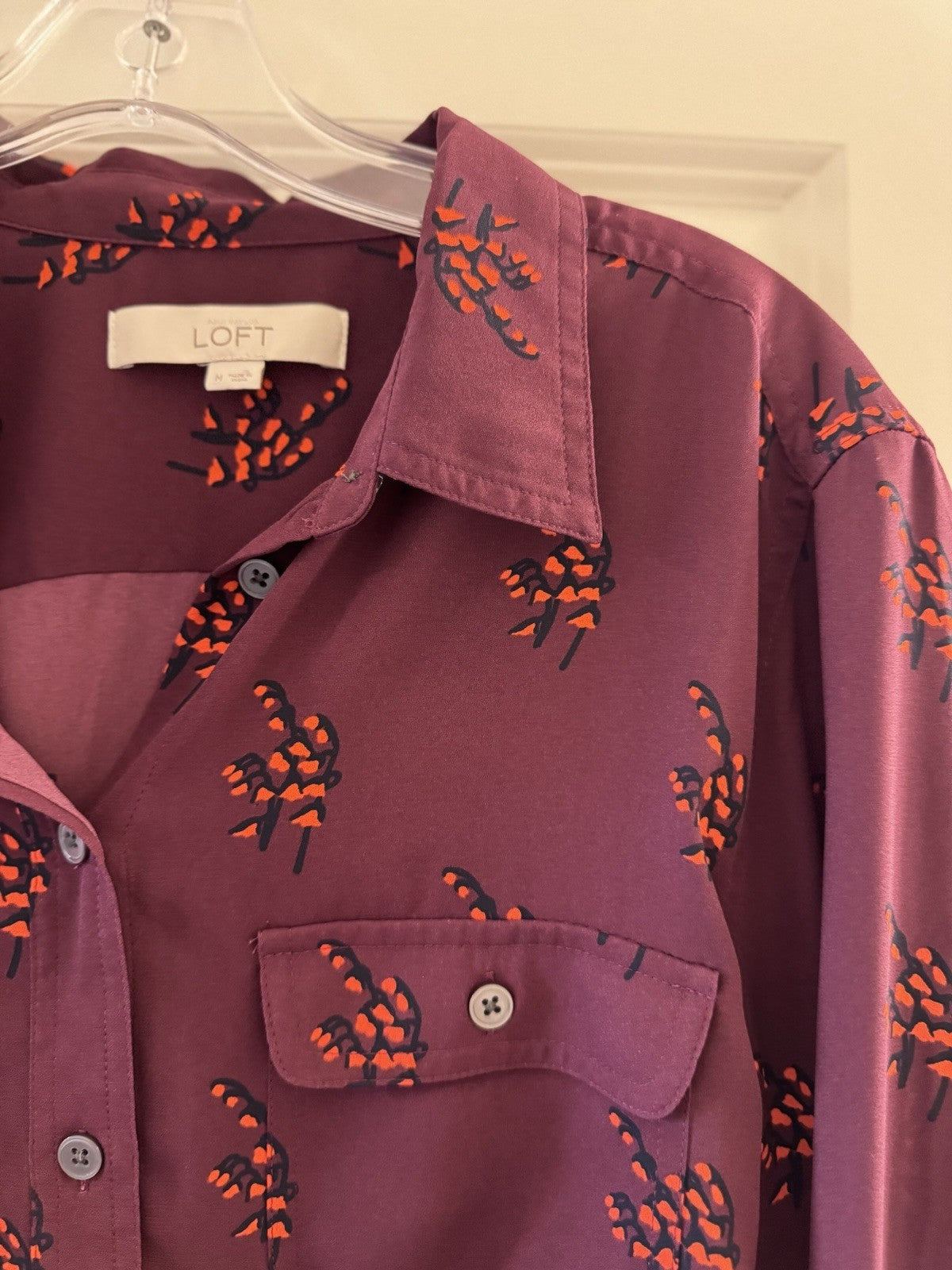 LOFT Women’s Burgundy Button Front Blouse Floral Print Long Sleeve Sz M