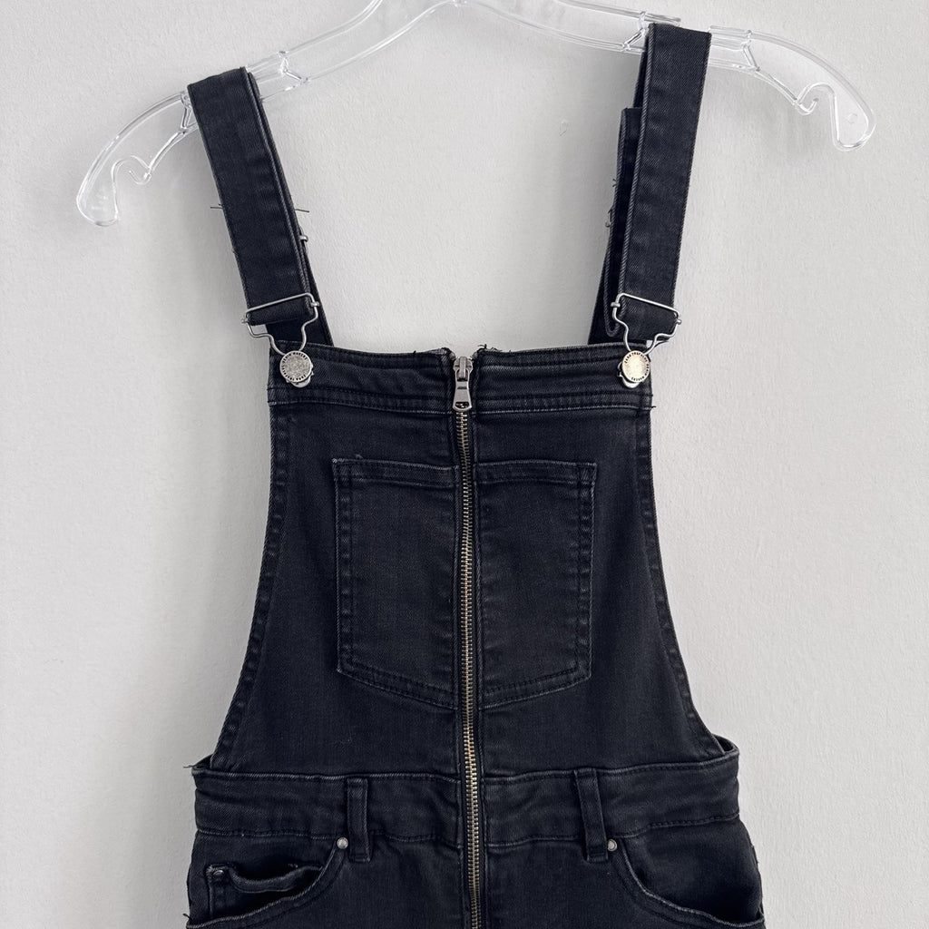 ZARA Trafaluc Black Denim Overalls XS Zip Front Raw Hem Cropped
