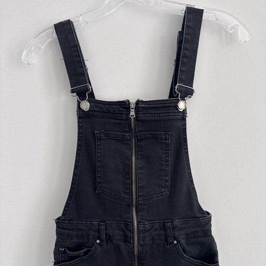 ZARA Trafaluc Black Denim Overalls XS Zip Front Raw Hem Cropped
