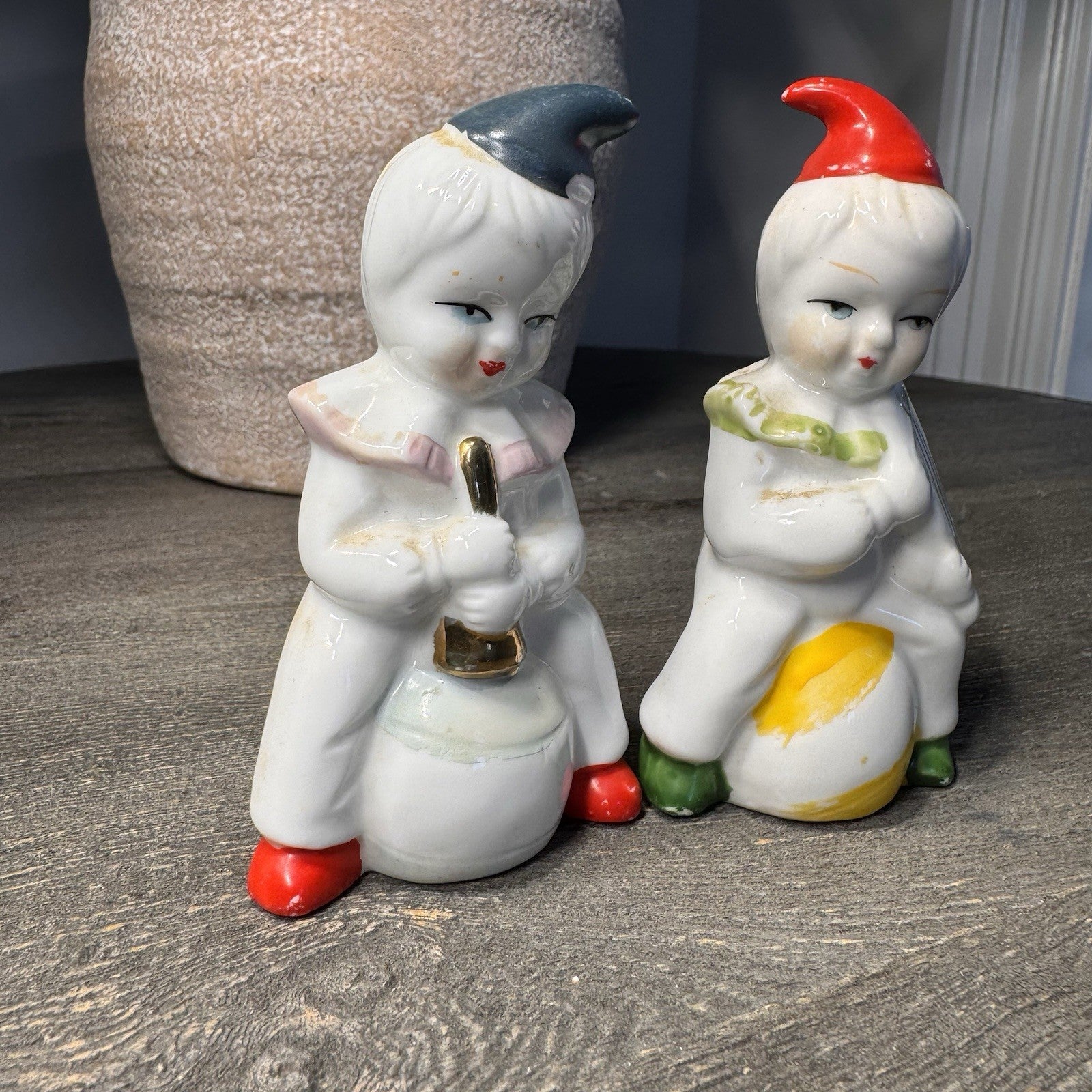 Vintage European Folk Art Doll & Miniature Porcelain Clown Figurine Trio Lot 6"