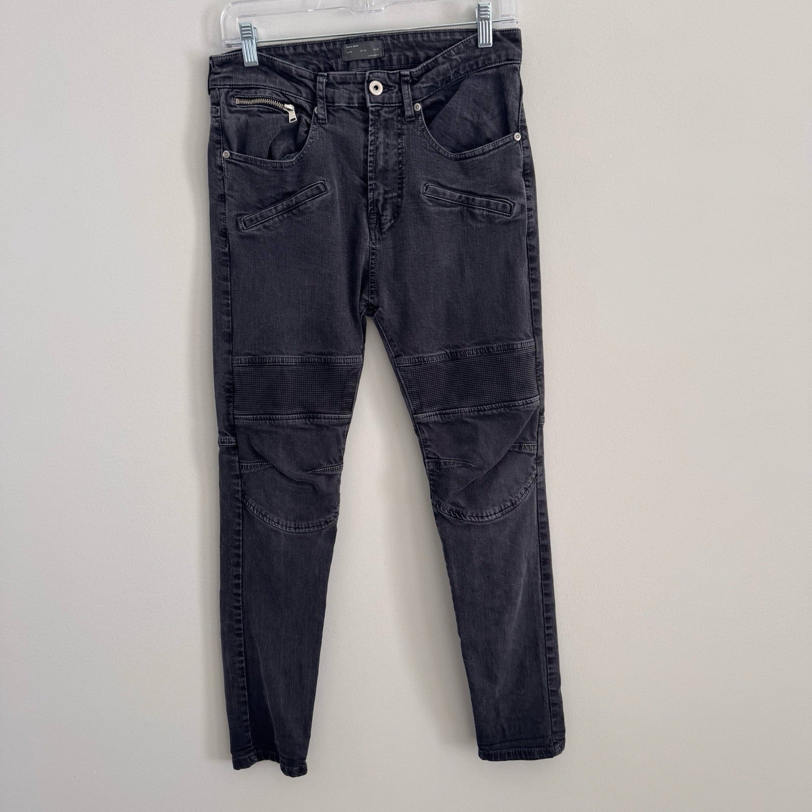 ZARA MAN Gray Biker Jeans 30 Skinny Moto Denim Ribbed Paneling Zipper Pockets
