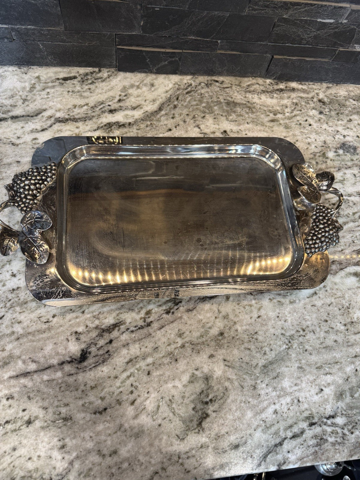 GODINGER Silverplate Rectangular Serving Tray 10-1/2 x 21-1/2”  Grape Design