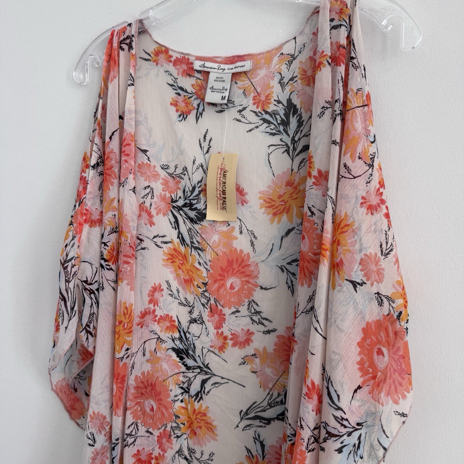 American Rag Floral Kimono Duster Medium Boho Sheer Peach Open Front