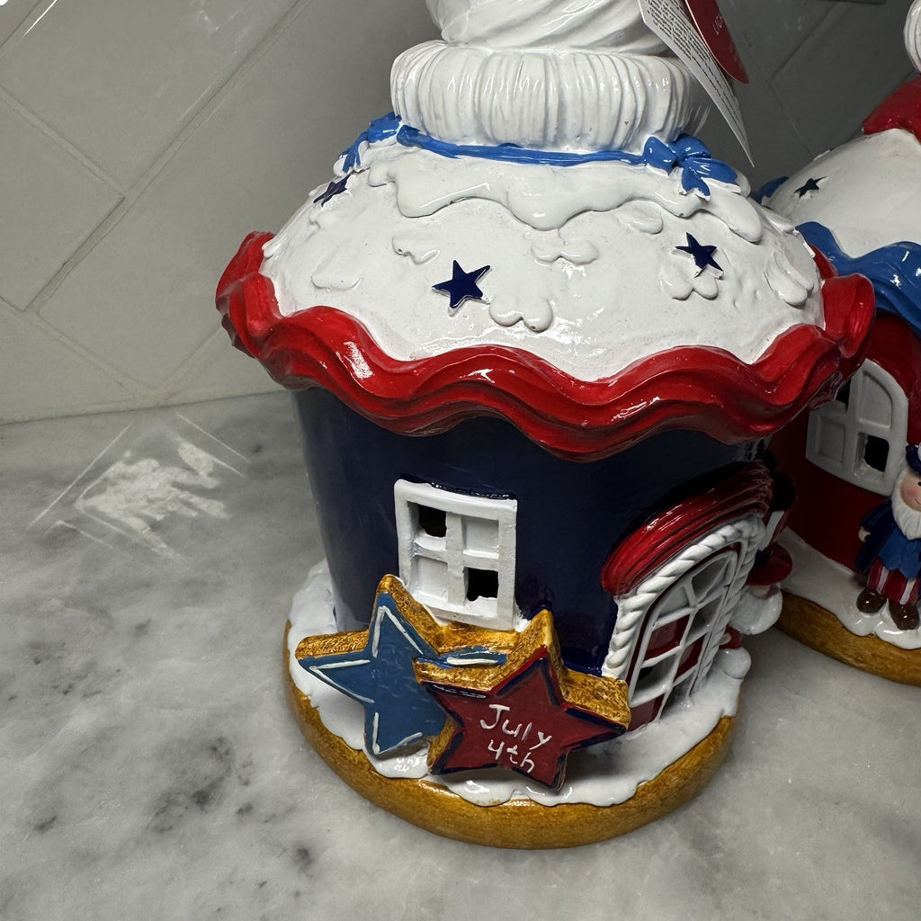 Set of 2 Patriotic Light Up Cupcake Houses USA 1776 July 4th Decor