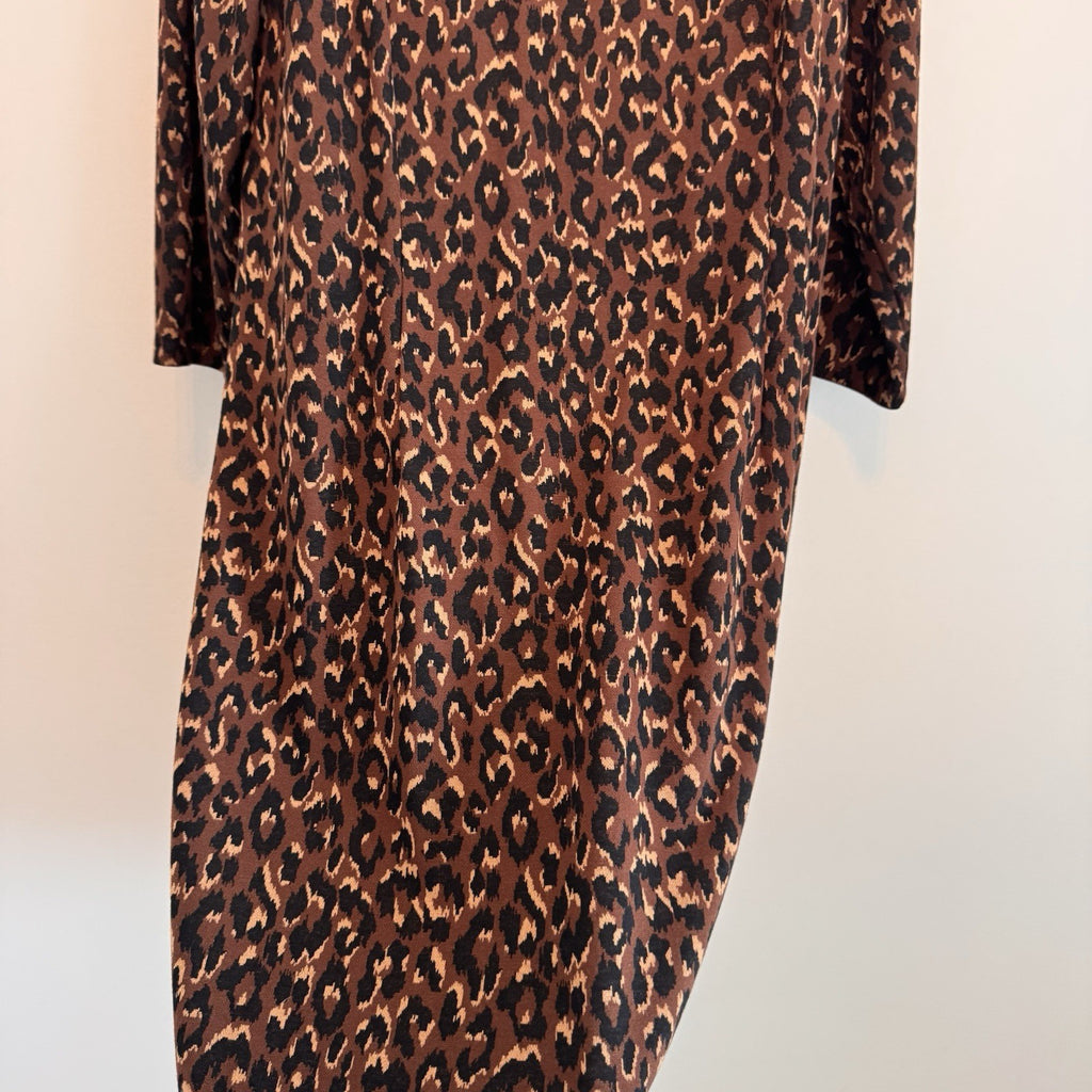 Talbots Leopard Print A-Line Dress Size 14 Faux Leather Trim 3/4 Sleeve