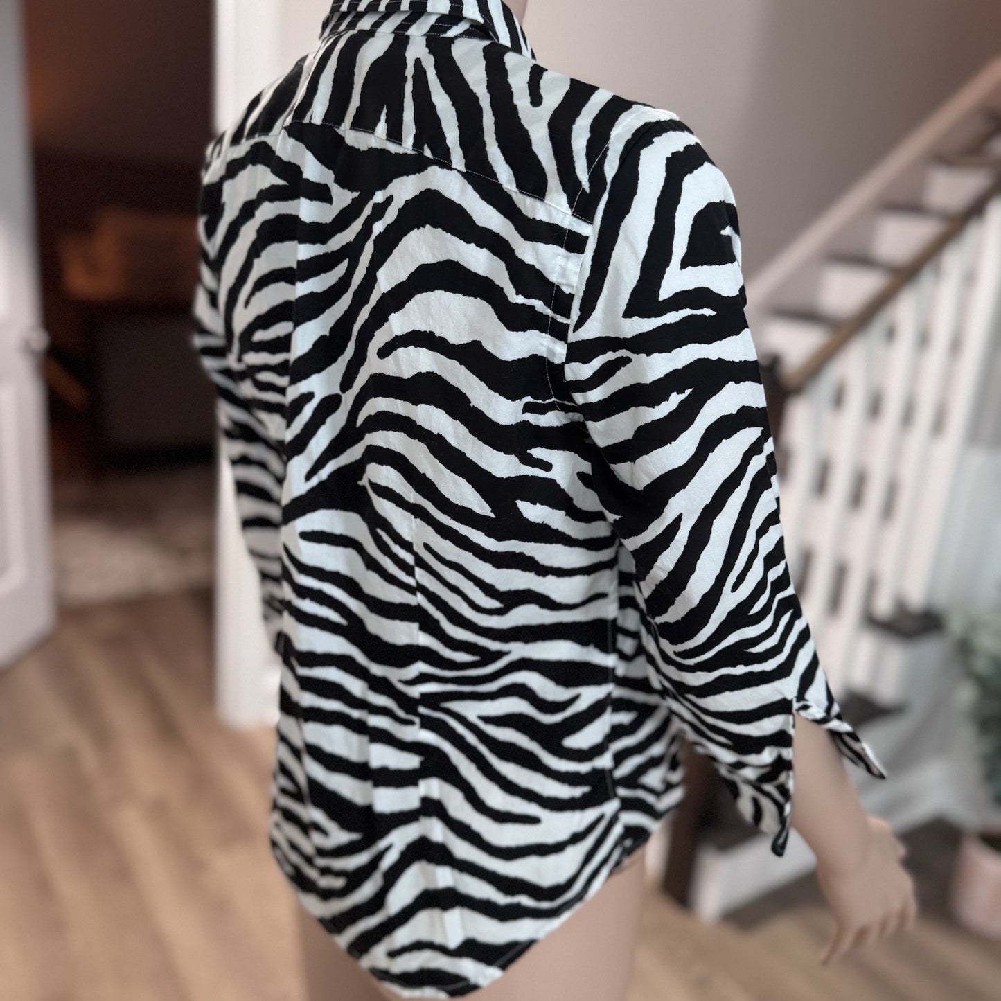 Lauren Ralph Lauren Petite Zebra Print Button Down Shirt Black White P/P