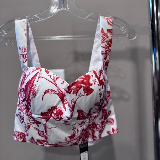 Fashion Nova Red and White Floral Crop Top with zipper Back L NWT