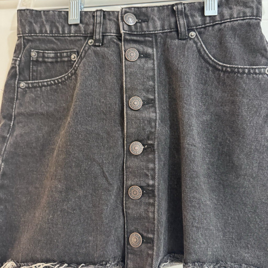Pull&Bear Black Button Front Denim Mini Skirt Raw Hem Size 26