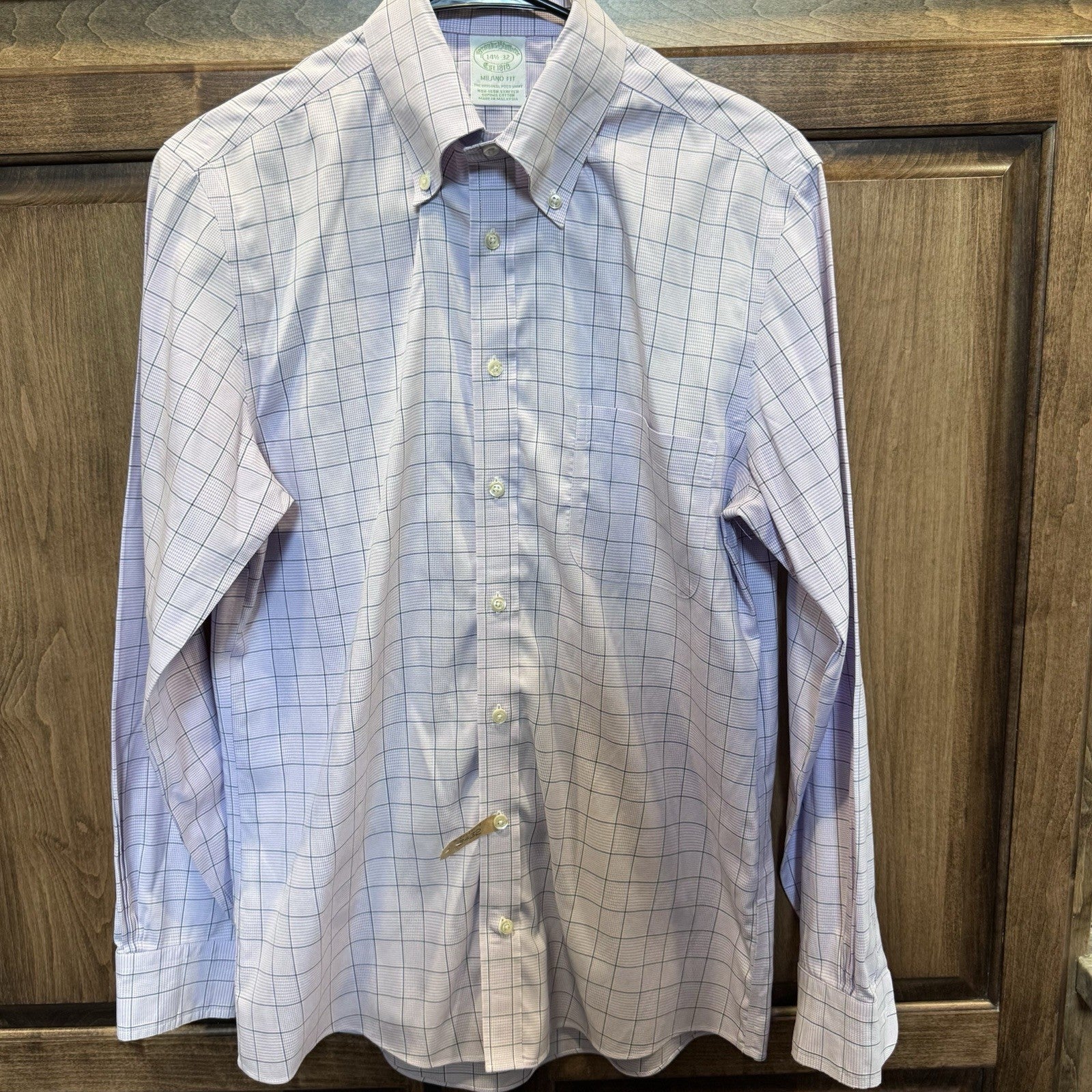 Brooks Brothers Milano Fit Dress Shirt 14.5-32 Purple Grid Check Non-Iron Supima