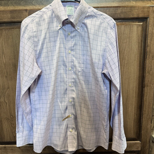 Brooks Brothers Milano Fit Dress Shirt 14.5-32 Purple Grid Check Non-Iron Supima