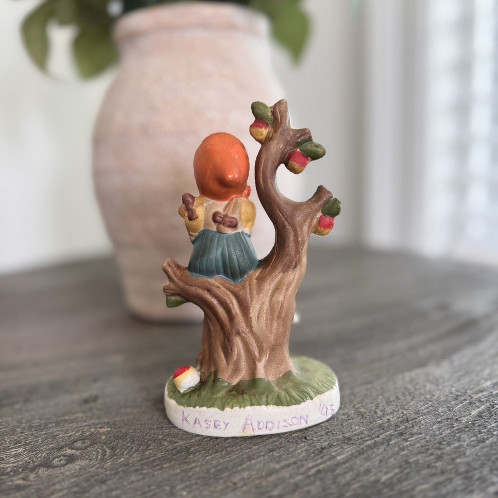 Vintage Ceramic Girl in Apple Tree Figurine with White Rabbit Hand Painted '95