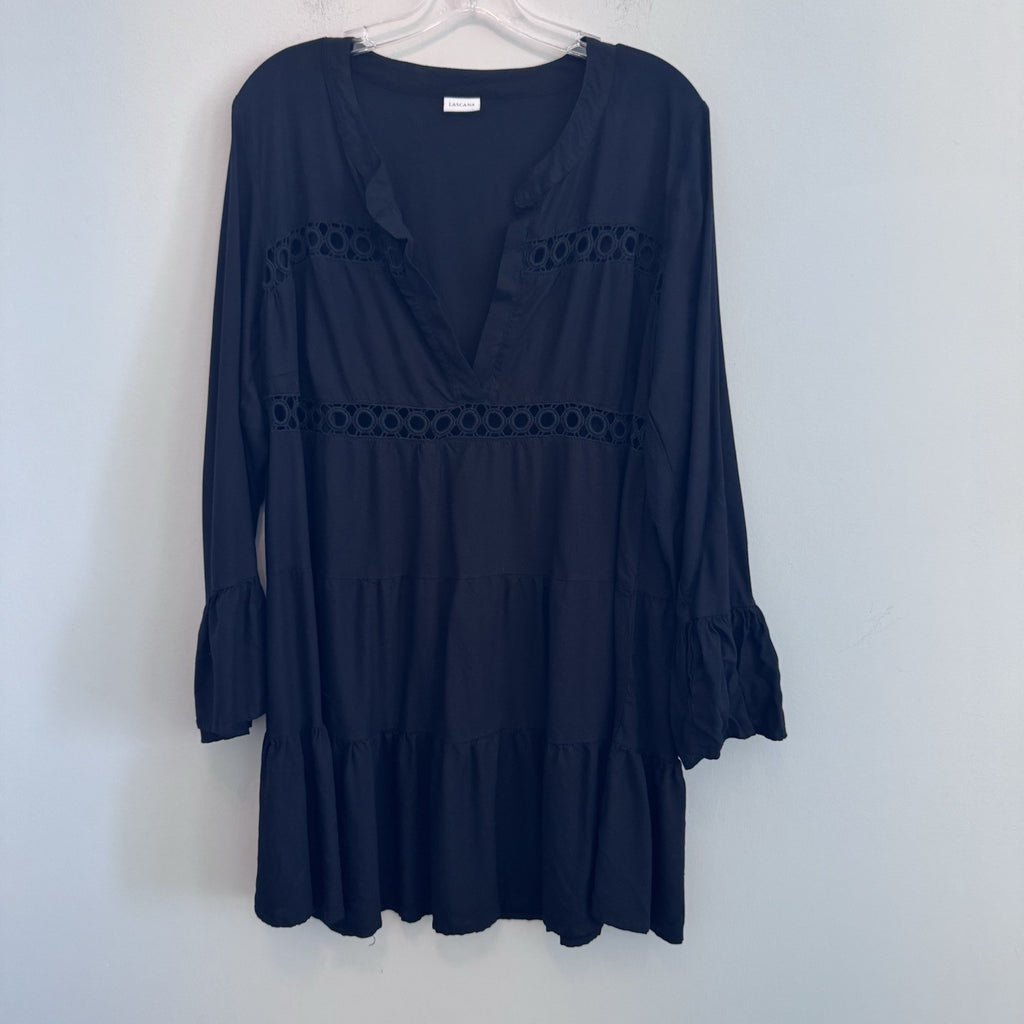 LASCANA Black Boho Tunic Dress Womens US 12/14 Bell Sleeve Crochet Trim