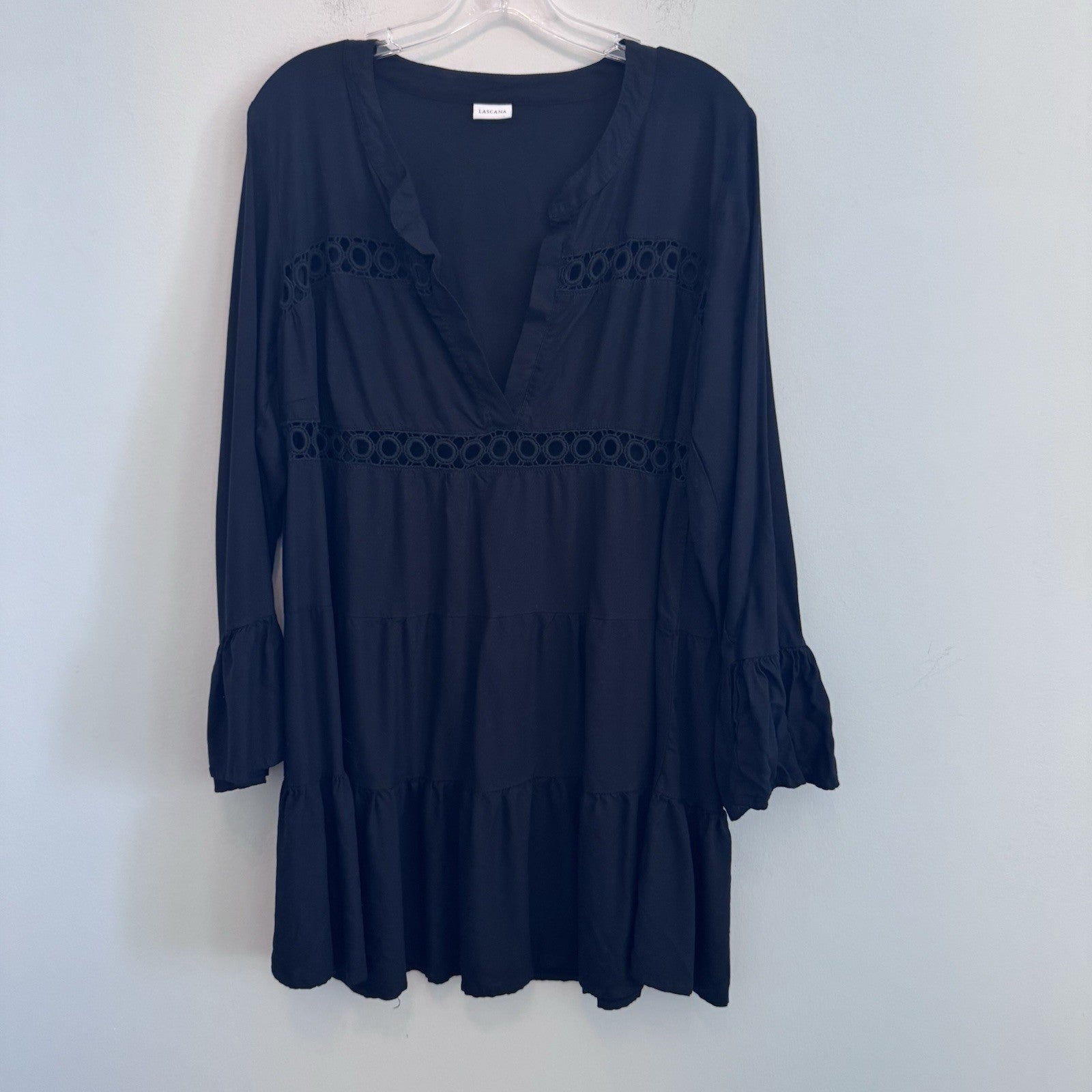 LASCANA Black Boho Tunic Dress Womens US 12/14 Bell Sleeve Crochet Trim