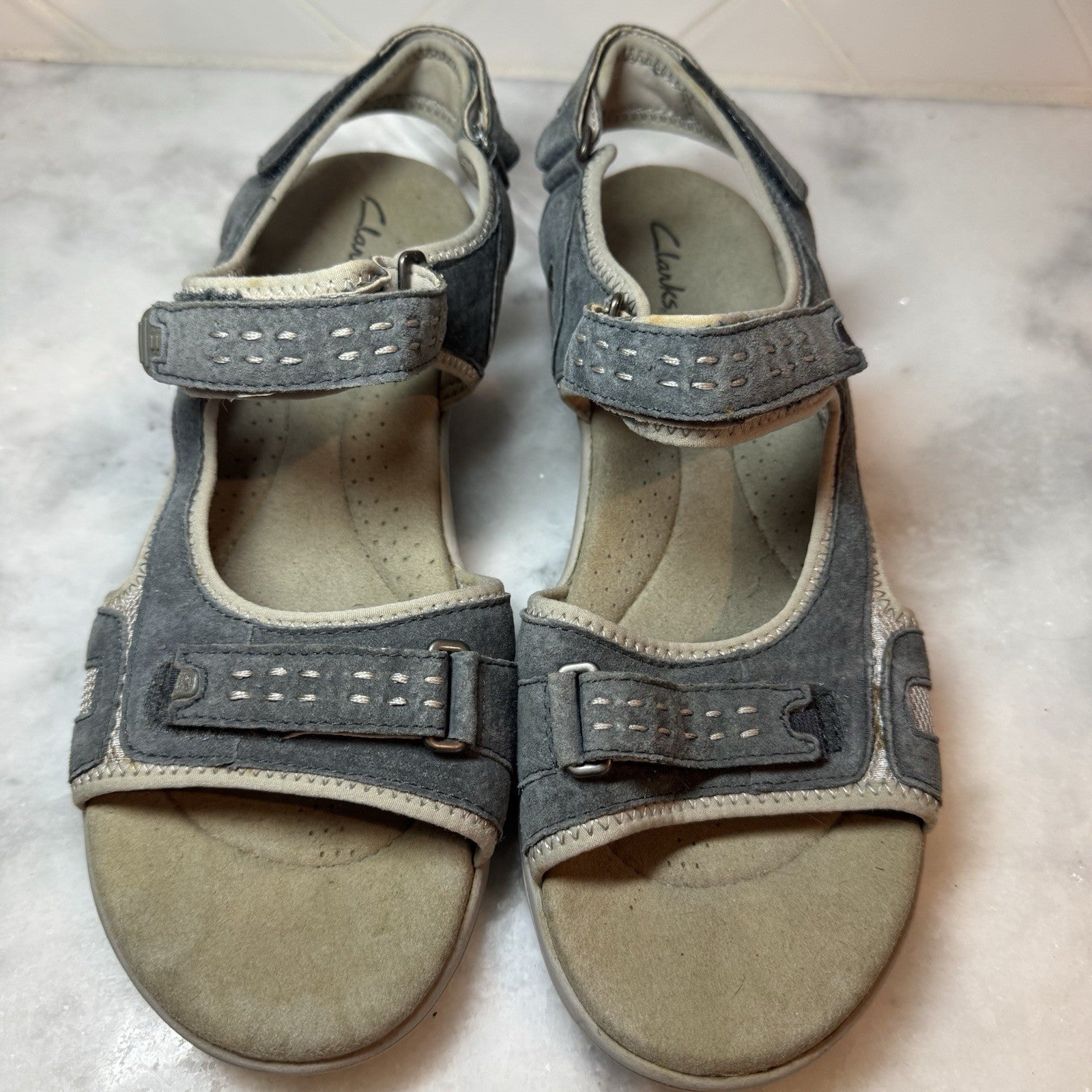 Clarks Morse Tour Denim Blue Suede Adjustable Strap Comfort Sandals Womens S11