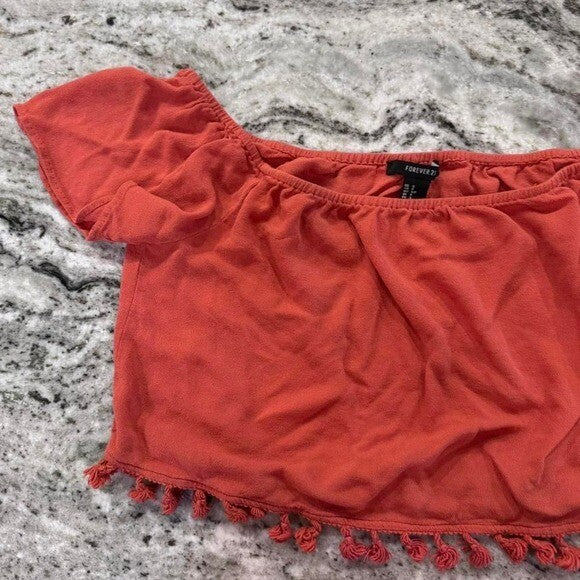 Forever 21 Off the shoulder crop top with pom pom detail size small