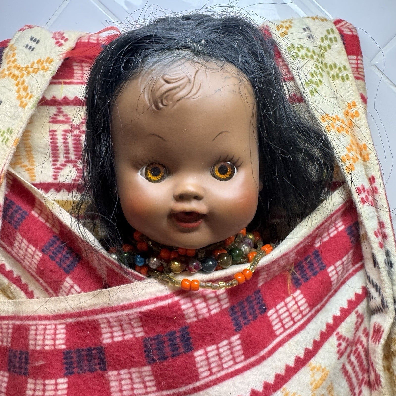 Vintage Native American Style Papoose Doll Sleepy Eyes Beaded Woven Cradleboard