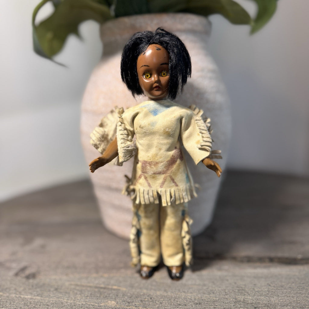 Vintage Native American & Eskimo Style Doll Trio 8" Fringed Buckskin Faux Fur