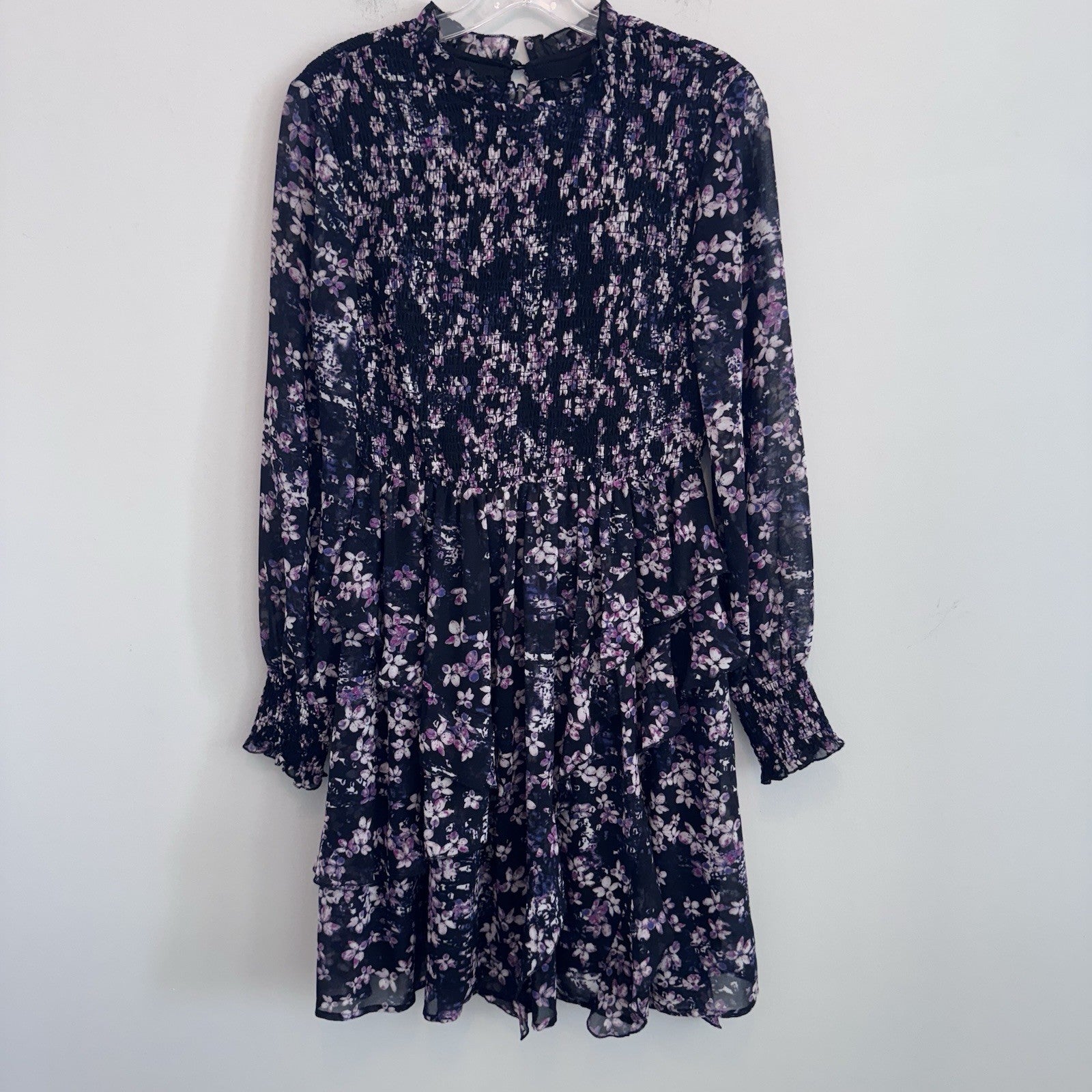 EST. 1946 Women’s Floral Smocked Ruffle Dress Black Purple Size S Lined CATOS