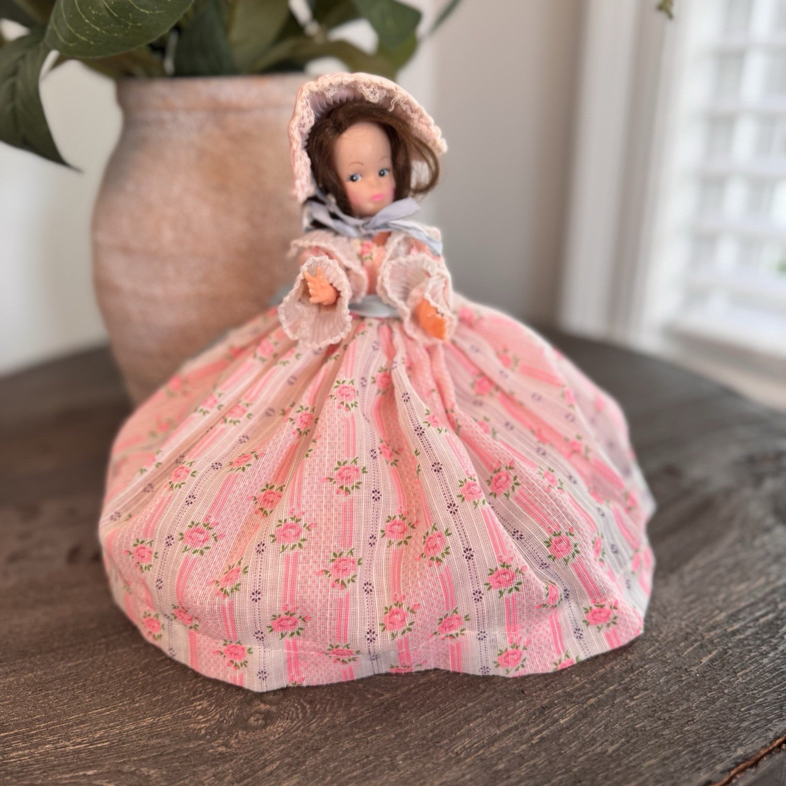 Vintage Southern Belle Souvenir Doll 8.5" Pink Rose Floral Gown Lace Bonnet 1950