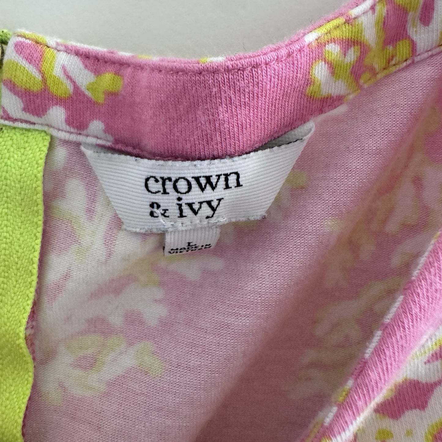 Crown & Ivy Womens Pink Coral Print Dress LARGE 3/4 Sleeve Back Zip Cotton Modal