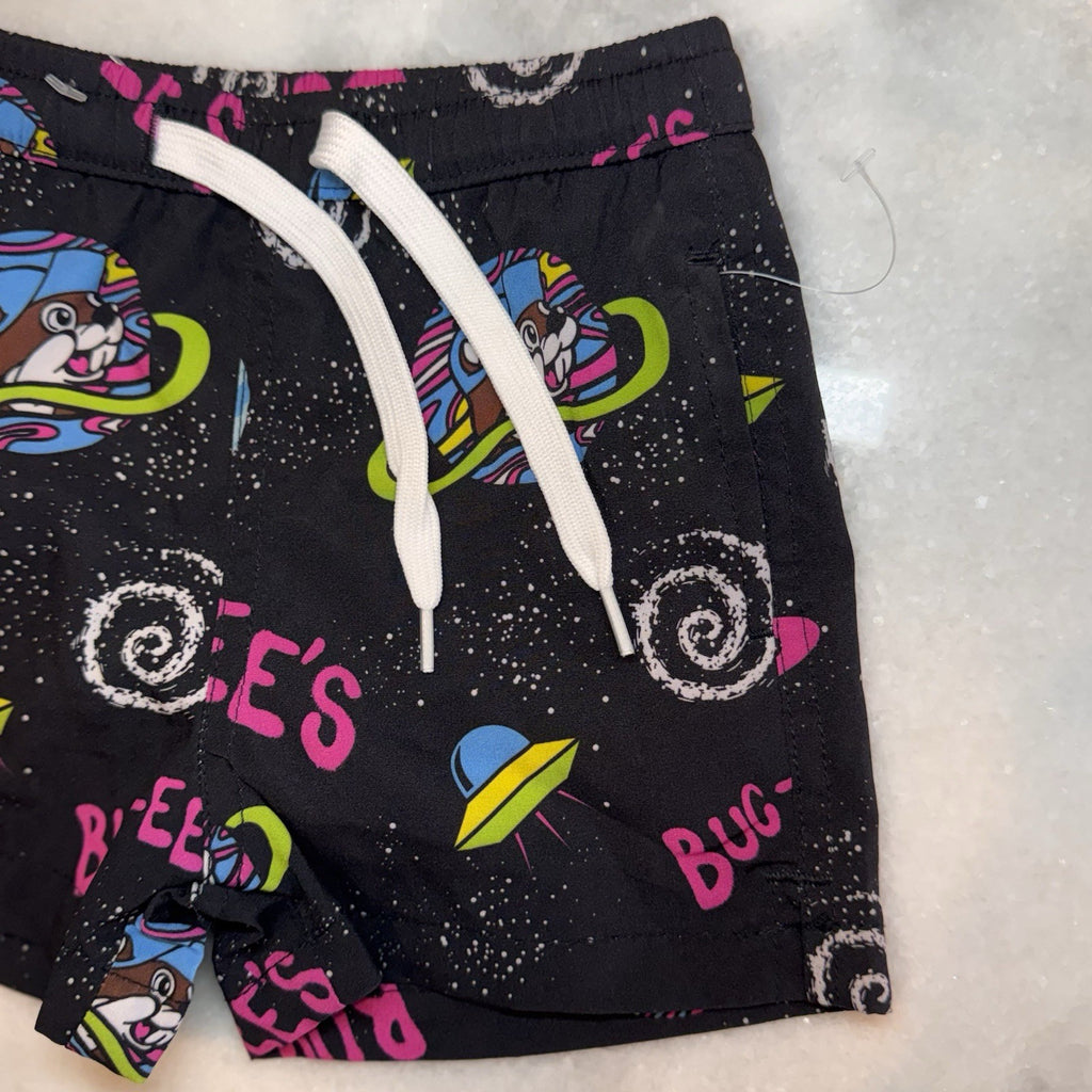 Buc-ee's Baby Boys Swim Trunks 12-18M Black Space Galaxy Beaver UFO Rocket 12-18