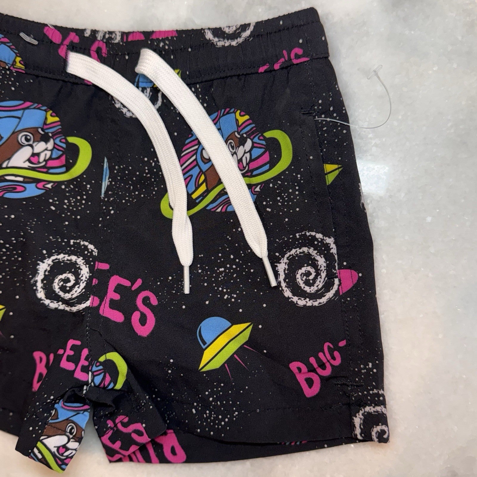 Buc-ee's Baby Boys Swim Trunks 12-18M Black Space Galaxy Beaver UFO Rocket 12-18