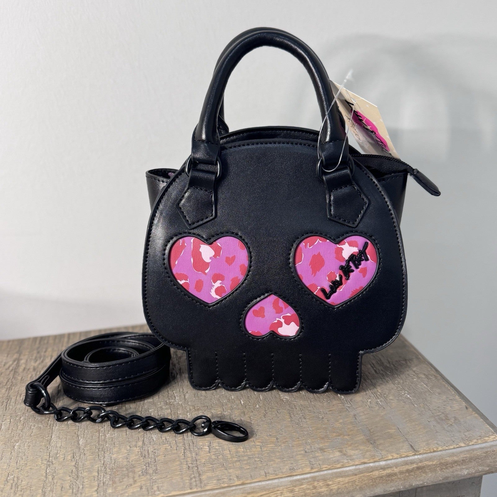 Luv Betsey Johnson Skull Crossbody Satchel Purse Black Pink Heart Eyes NWT Goth