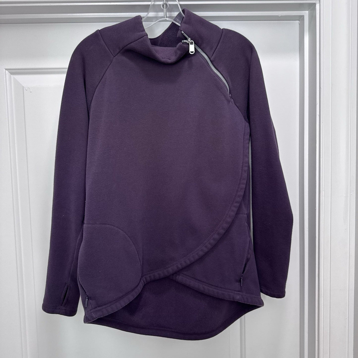 Athleta Medium Cozy Karma Asymmetrical Red Purple Zip Pullover Fleece Jacket EUC