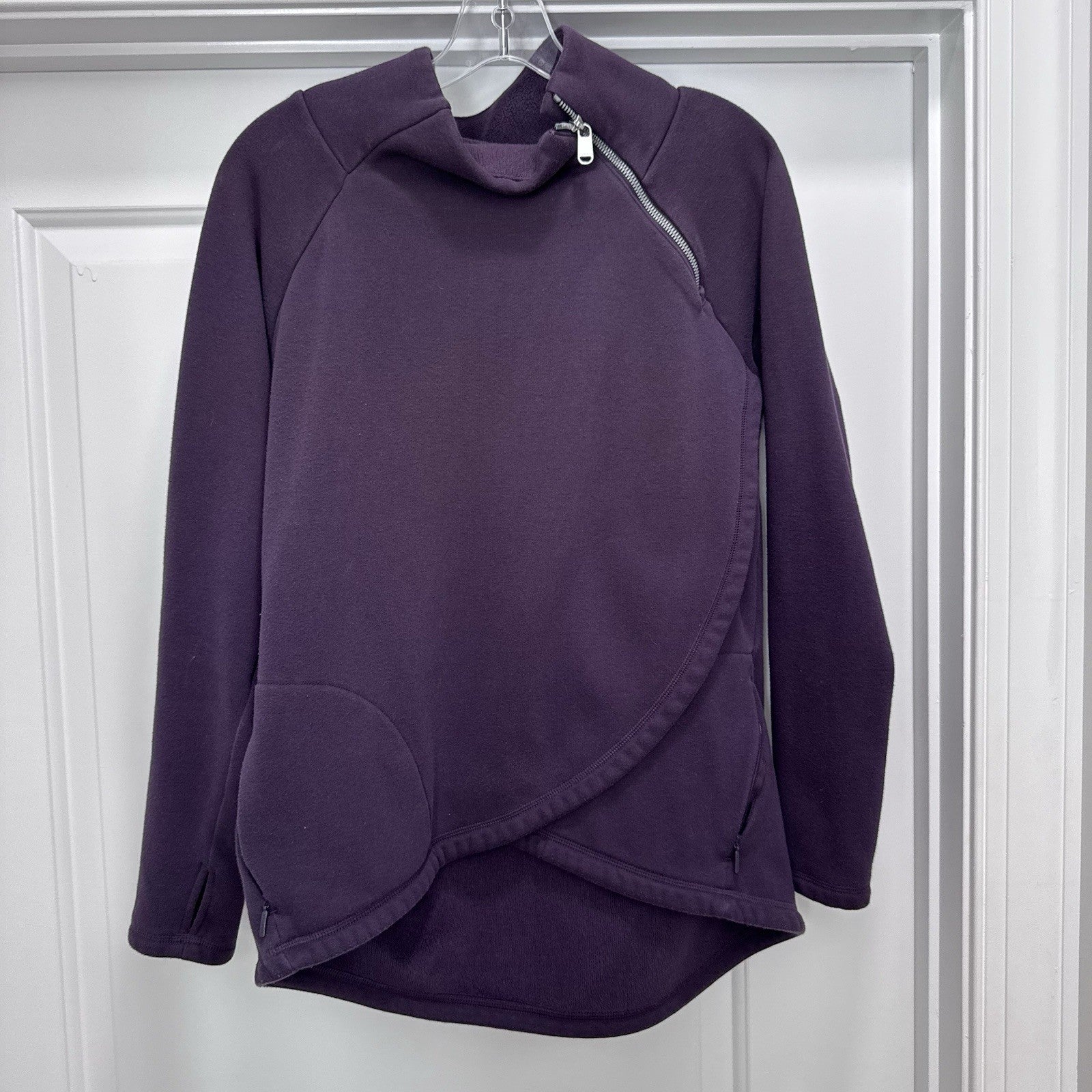 Athleta Medium Cozy Karma Asymmetrical Red Purple Zip Pullover Fleece Jacket EUC