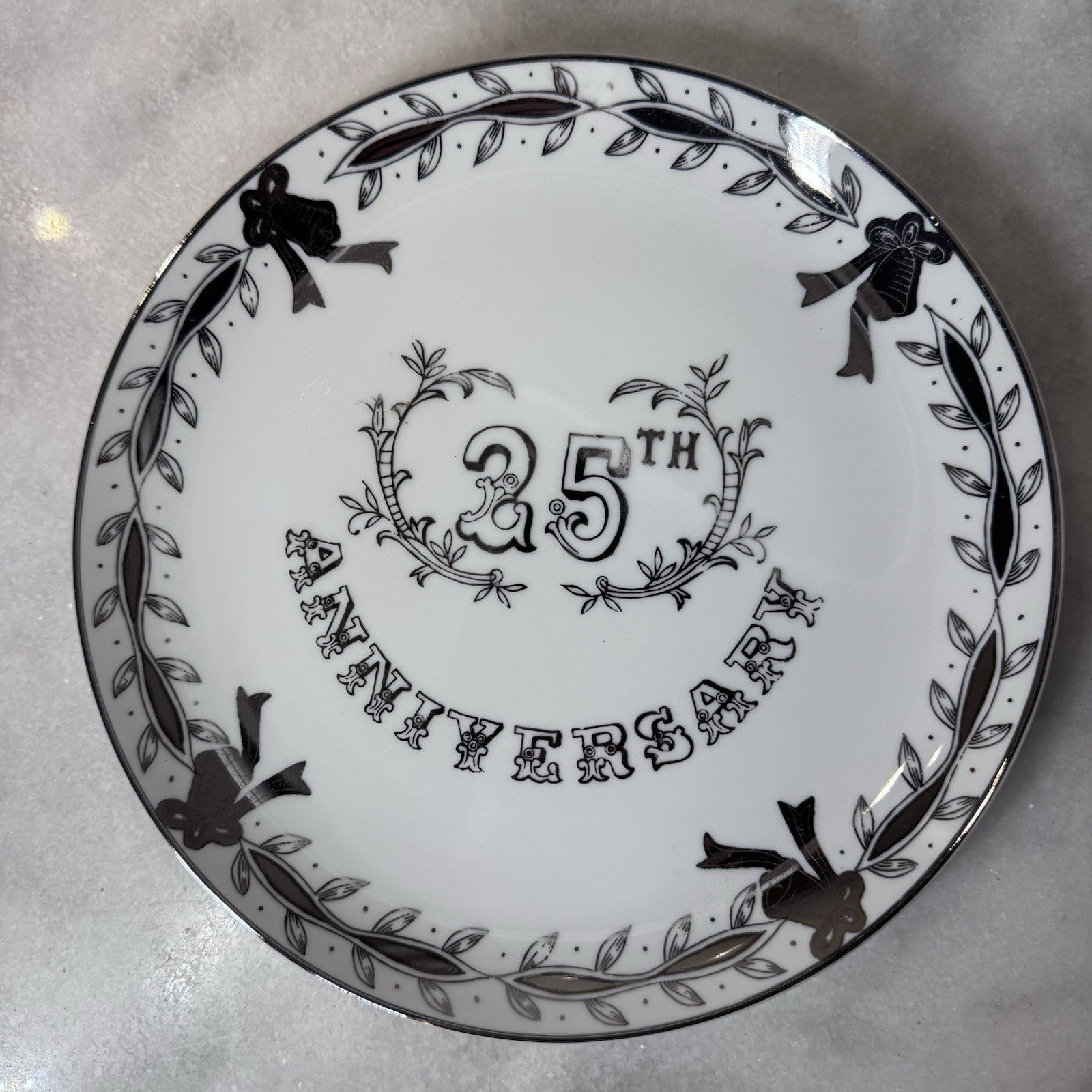Lefton China 25th Anniversary Plate Black White Silver Wedding 10”