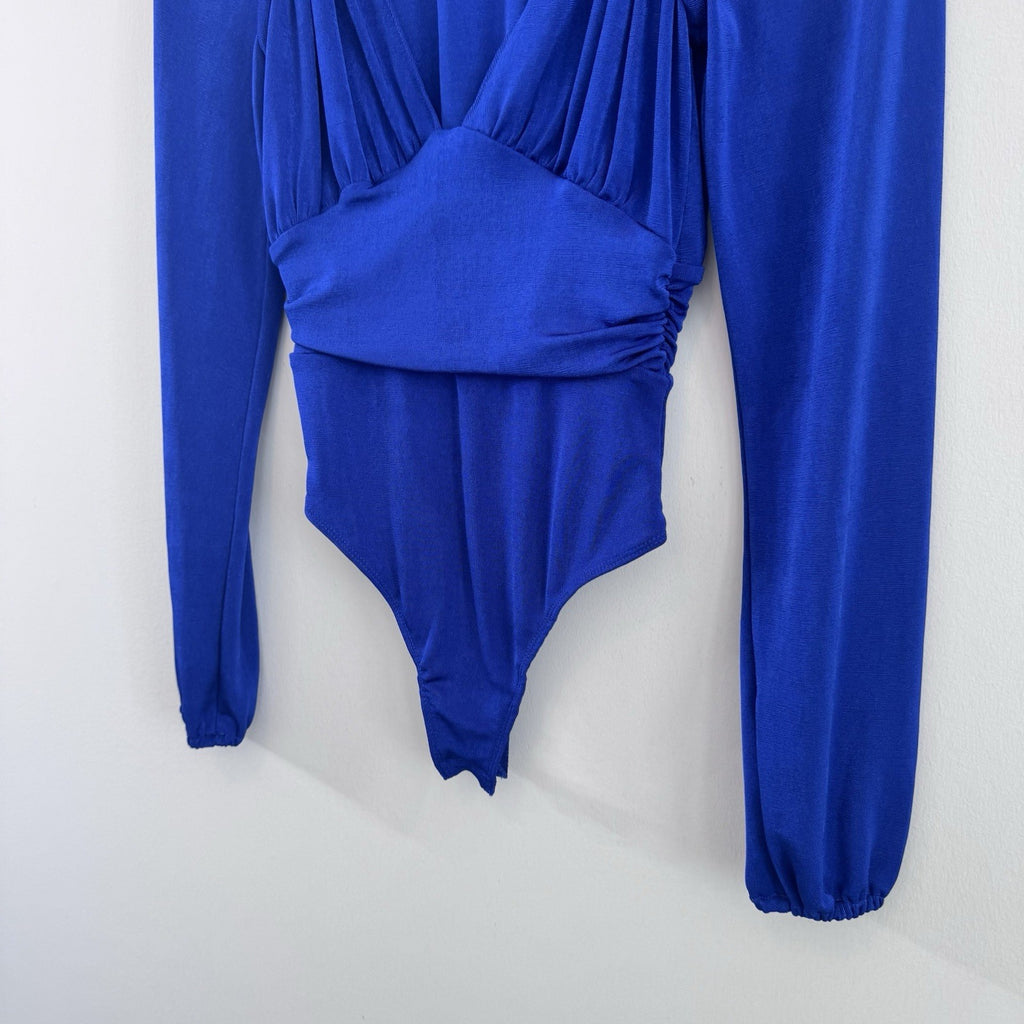 Free People Intimately Blue Long Sleeve Bodysuit Deep V Ruched Sz XS