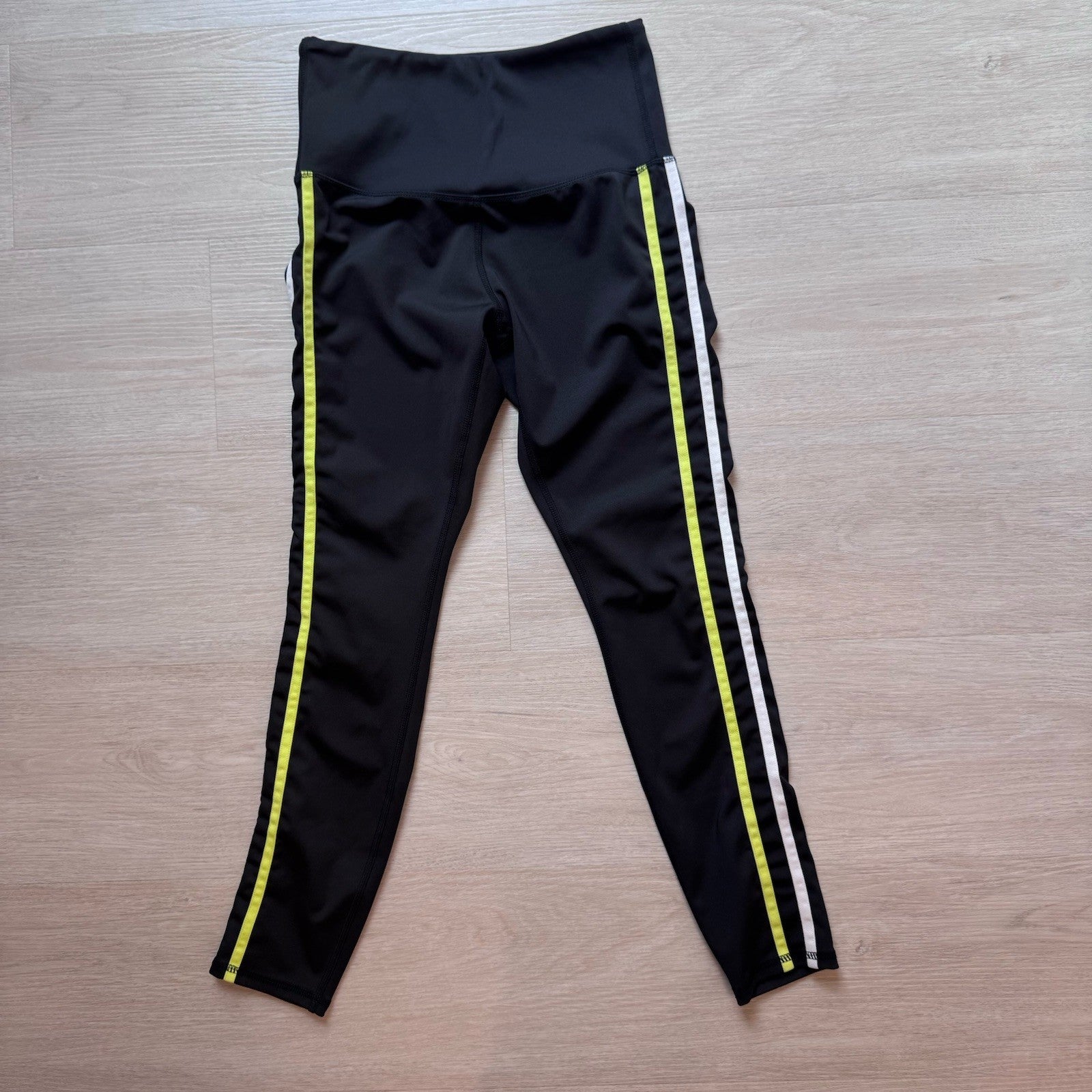 Move Technology Black Leggings Neon Green Stripe High Rise Womens Small