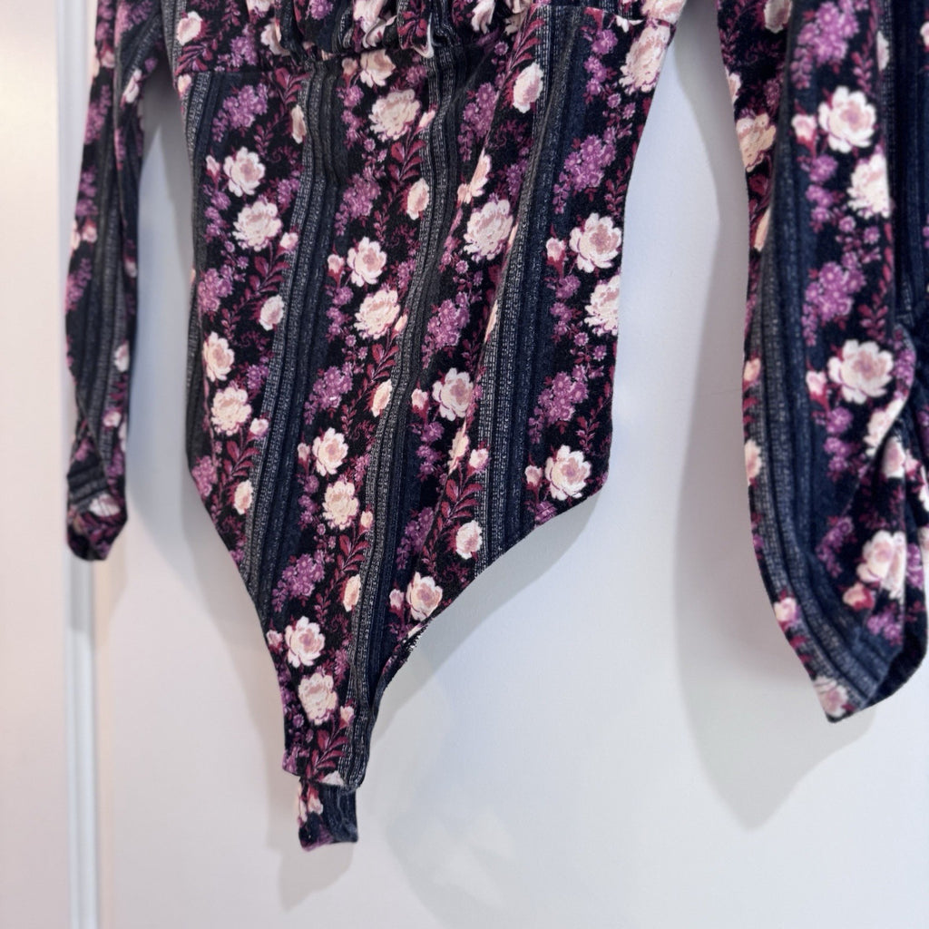 Free People Floral Long Sleeve Bodysuit Cutout Back Pink Purple Size S