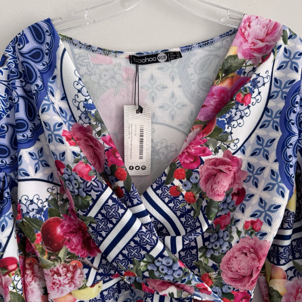 Boohoo Night Floral Tile Print Bodycon Dress US 10 Off Shoulder NWT