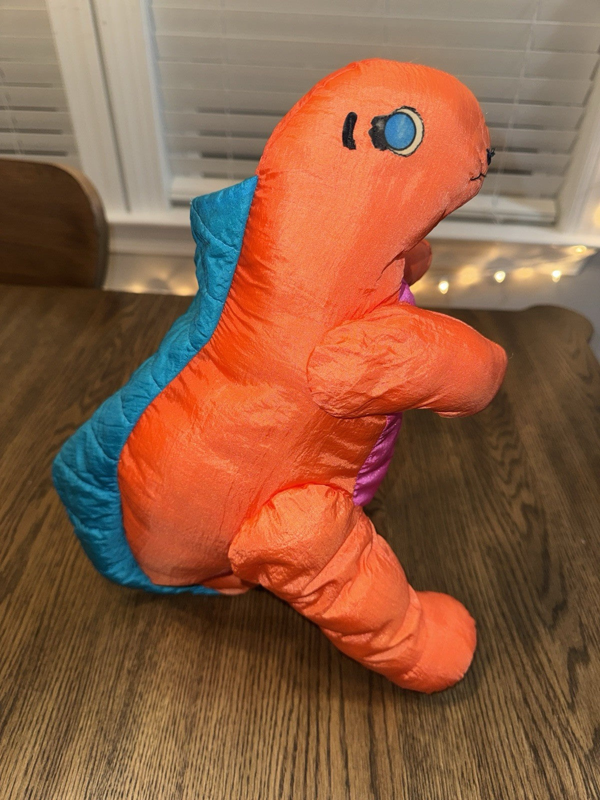 Vintage International Silver Co Dinosaur plush Nylon Orange Aqua Pink 13" Puff
