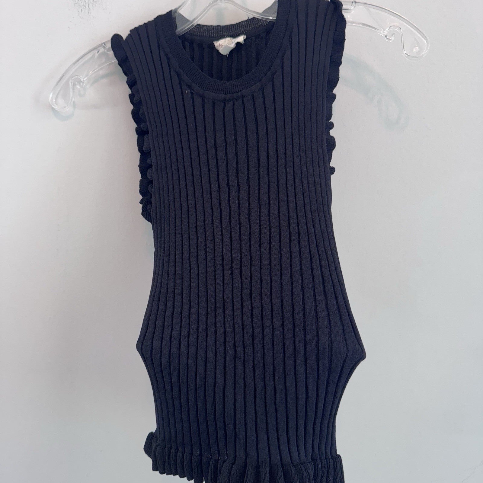 Hem & Thread Ribbed Ruffle Tank Top Black Sleeveless Knit Women S