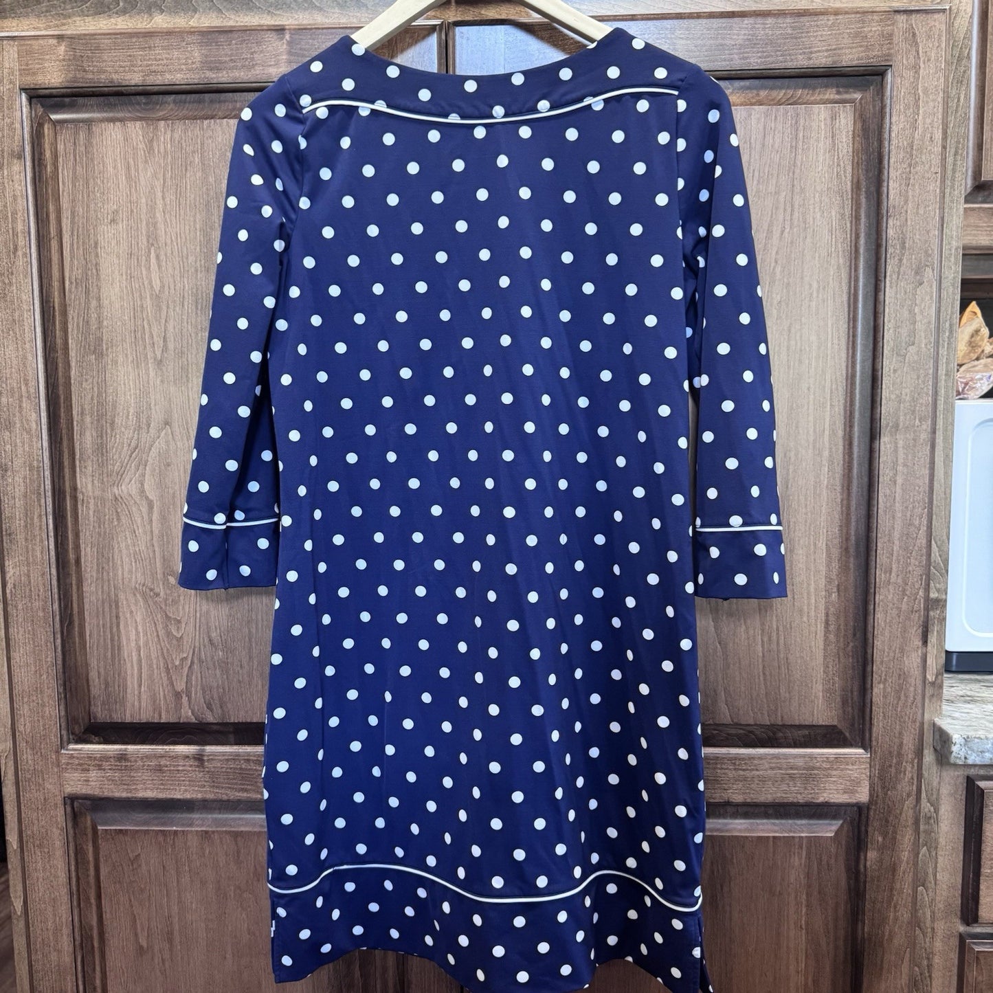 Lands End Dress Womens Small Blue Polka Dot 3/4 Sleeve Stretch Knee Length-1478*