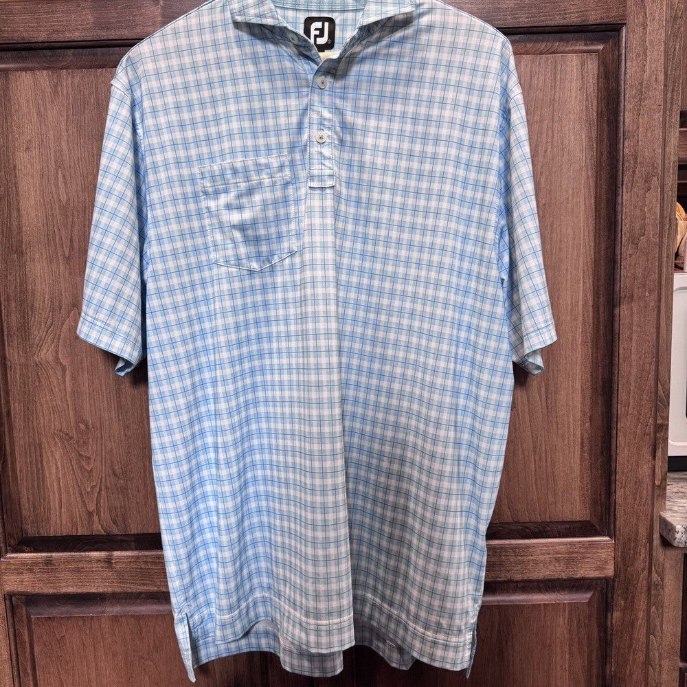 FootJoy Performance Polo Shirt Men's Size Large Blue Plaid Stretch Golf Shirt