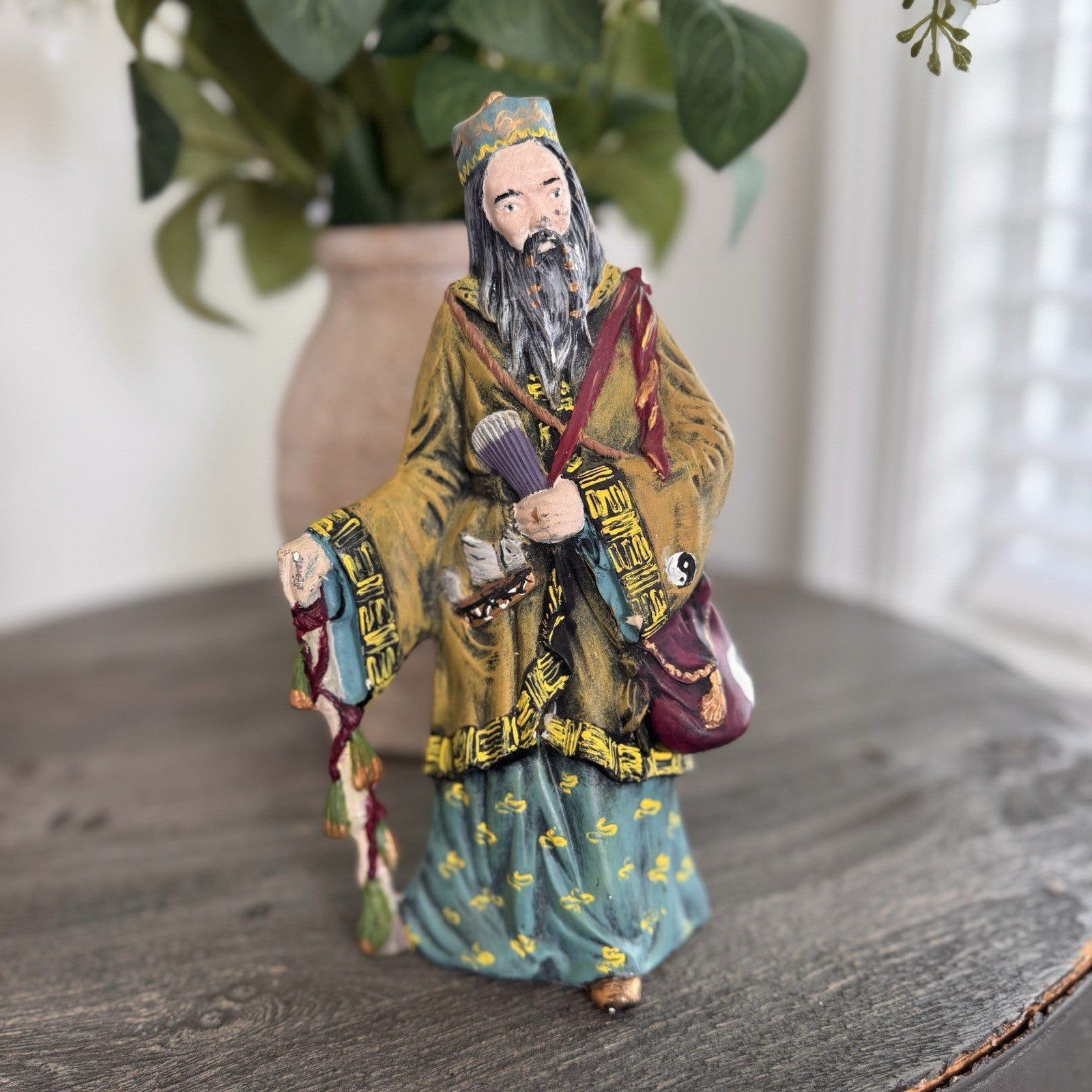 Vintage Oriental Wizard Figurine Wise Man Yin Yang Immortals Chinoiserie 9"