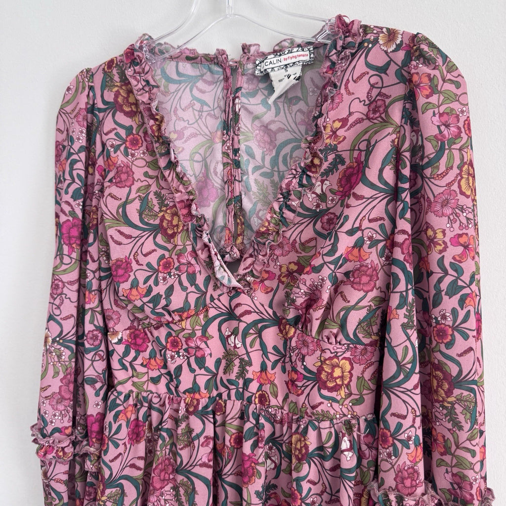 A Calin Flying Tomato Dress Womens Small Pink Floral Ruffle Boho Long Sleeve