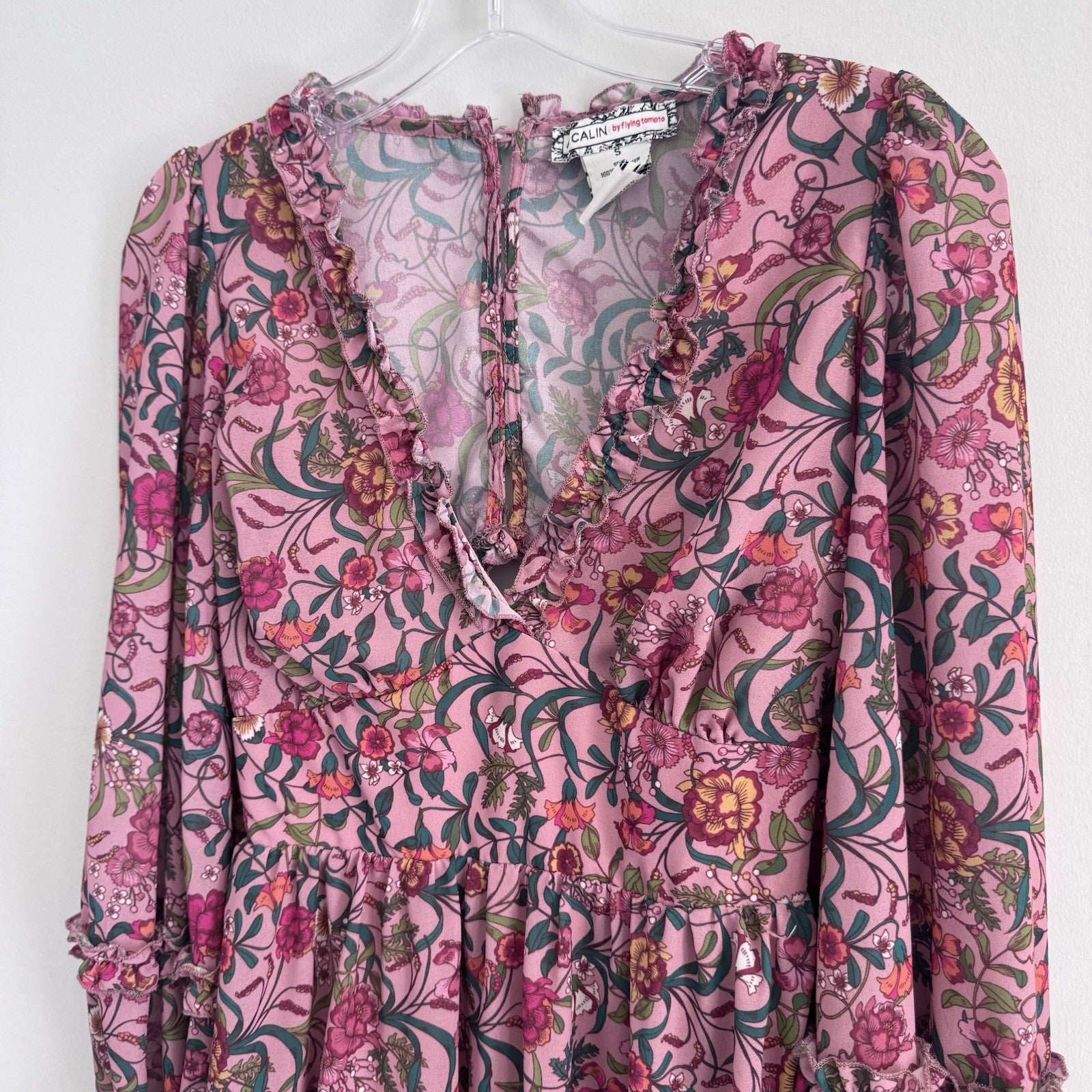 A Calin Flying Tomato Dress Womens Small Pink Floral Ruffle Boho Long Sleeve