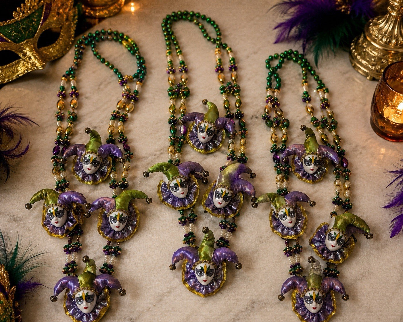 Vintage Mardi Gras Jester Mask Bead Necklaces Lot of 3 Venetian Style