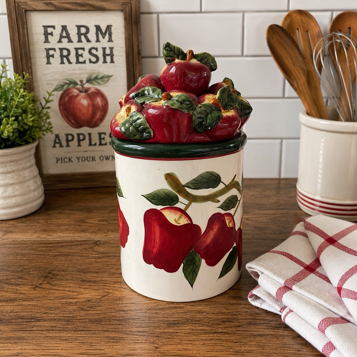 Vintage Apple Cookie Jar Ceramic Kitchen Canister Red Apples Fruit Decor