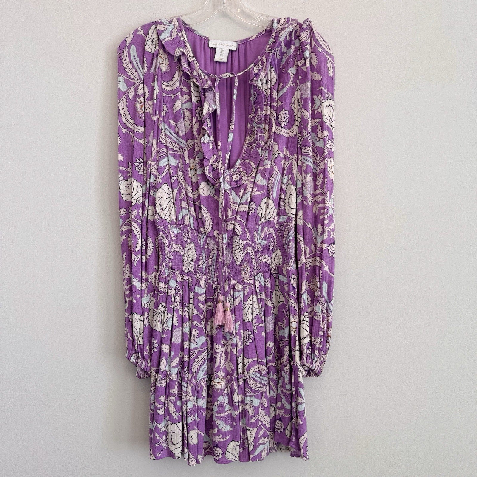 House of Harlow 1960 Paisley Pink Purple Smocked Boho Tiered Short Dress Size S