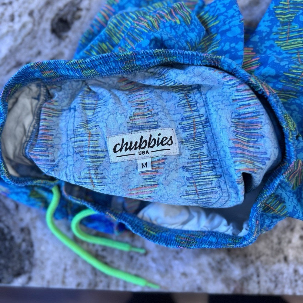 Chubbies Men's Swim Trunks Medium Blue Neon Equalizer Print Quick Dry Shorts Ret